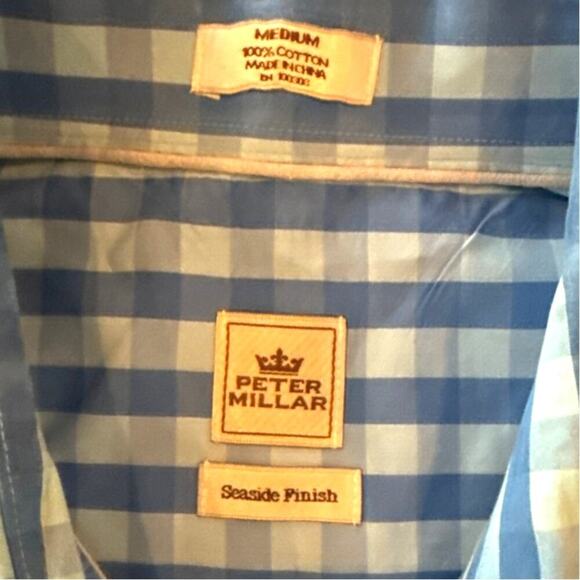 Peter Millar Seaside Finish Button Up Shirt Size Medium Checkered Blue Plaid - Picture 3 of 8